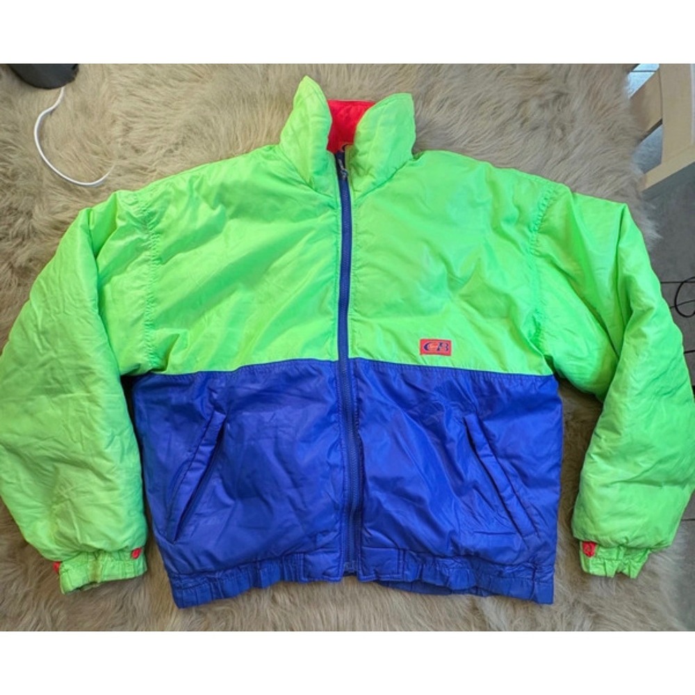 Vintage CB Sports Reversible Puffer Jacket Neon Green Pink Blue Ski Coat Mens L
